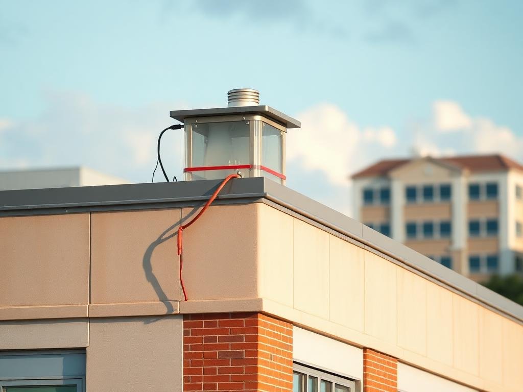 Rooftop air terminal and conductor tape on a commercial campus
